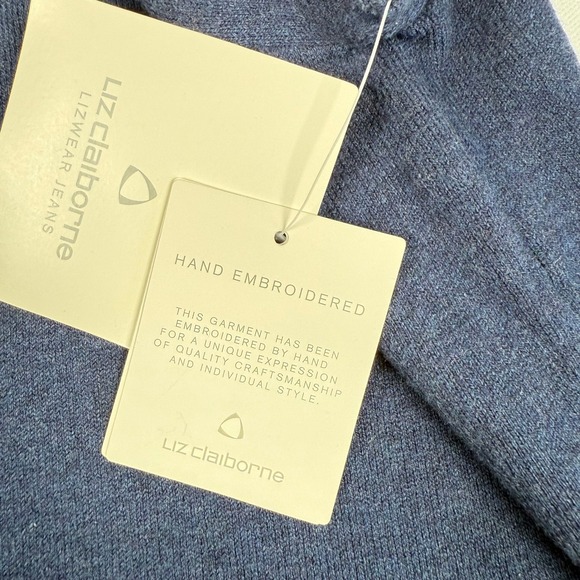 Liz Claiborne Navy‎ Blue Embroidered Floral Velvet Trim Knit Tank Top Women's L - Picture 10 of 12